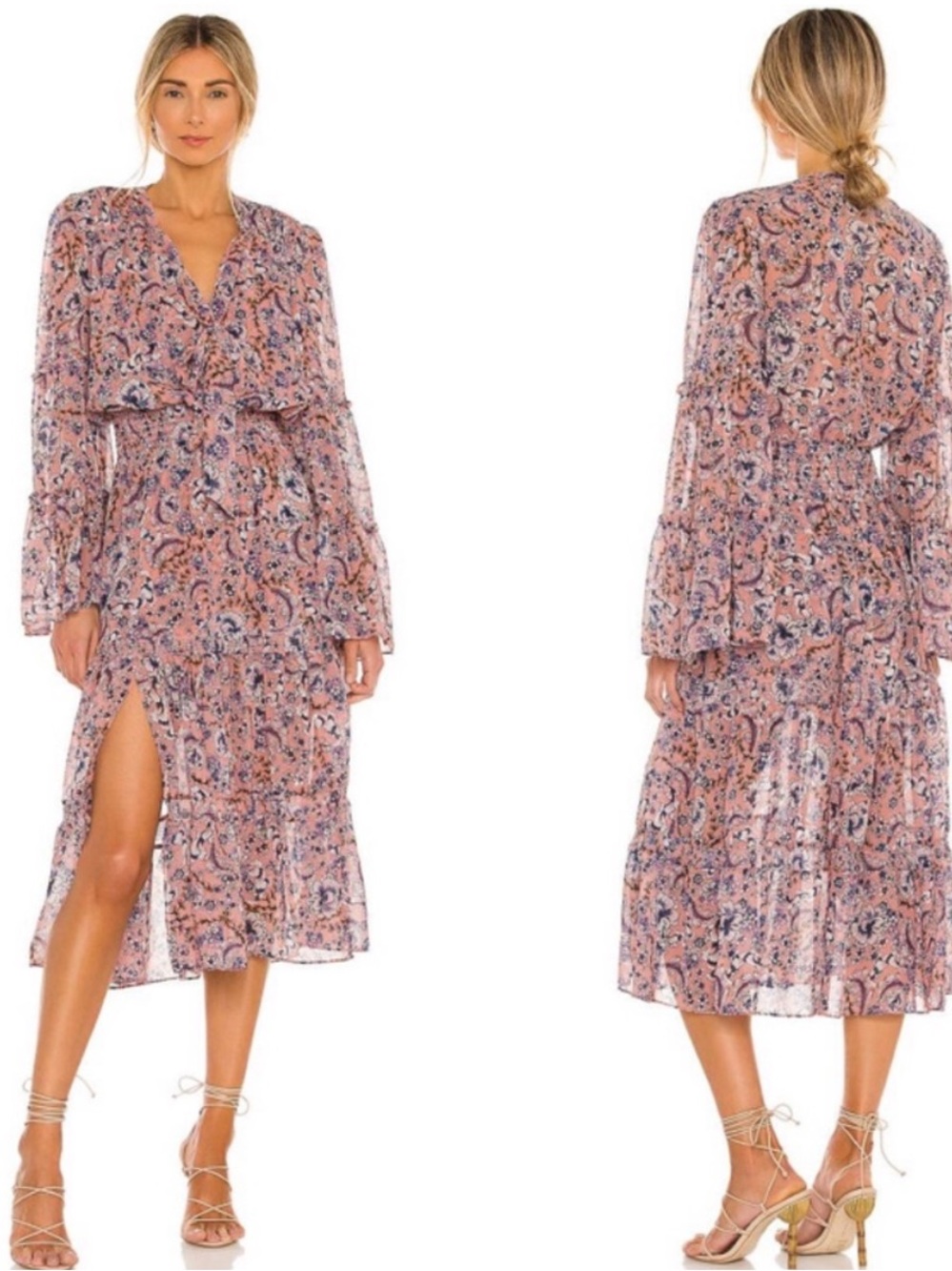 Misa Los Angeles Dress Celeste Midi Chiffon in Petals Of Lille Pink Blue Floral